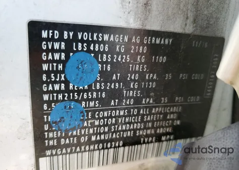 2017 Volkswagen Tiguan S from USA, damaged, VIN WVGAV7AX6HK016340